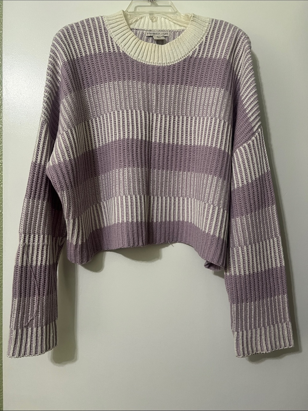 Sincerely Jules Lavender & Cream Striped Cropped Crew Sweater